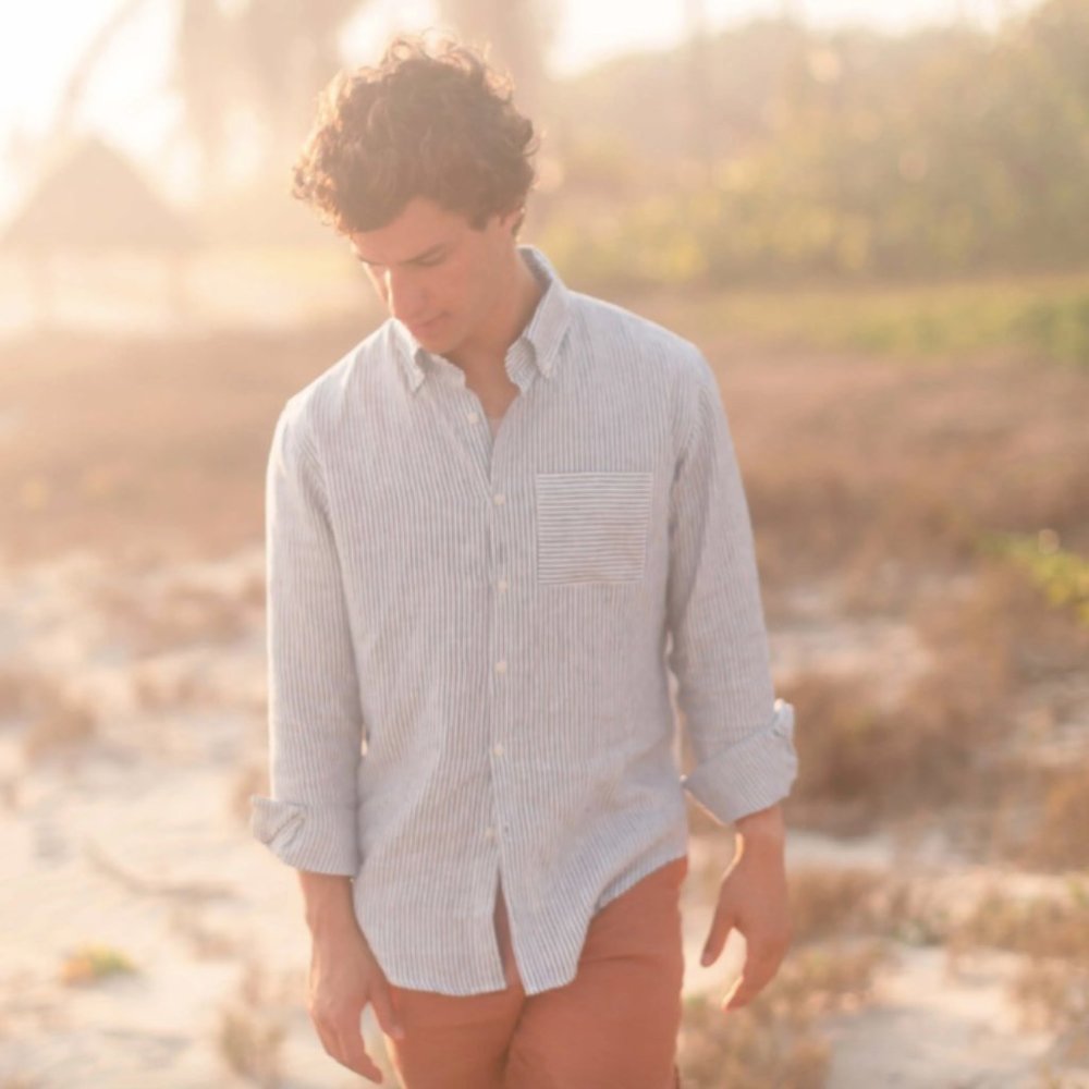 Alex Crane white dark grey stripe Lines Playa linen button down collared shirt